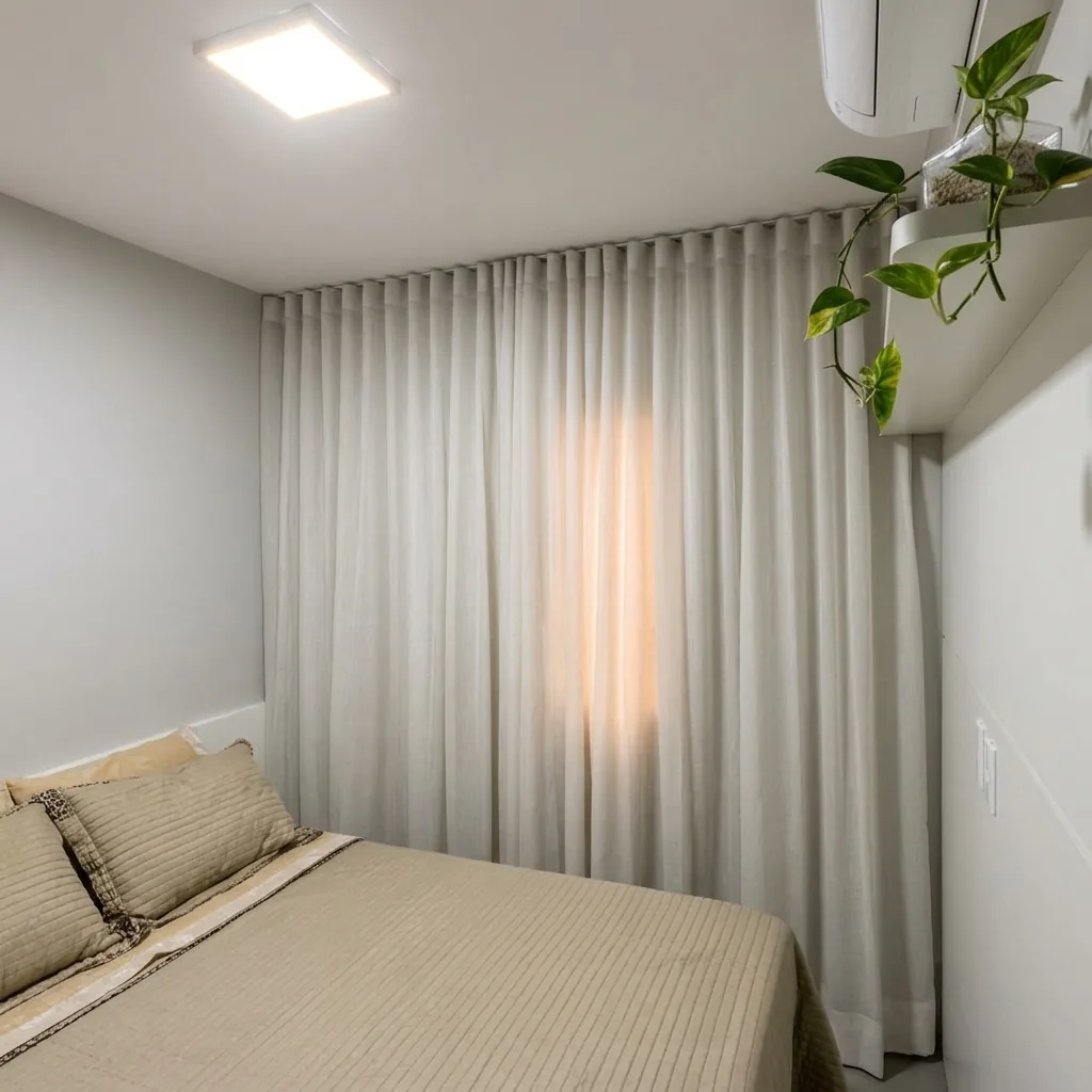 Cortina sob medida em quarto com luz quente de fim de tarde em Piracicaba