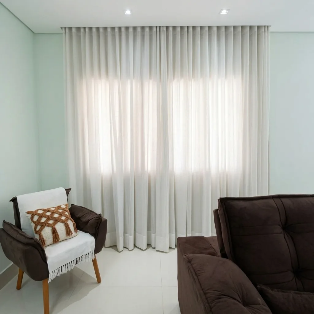 Cortina de tecido leve em sala de visitas com poltrona