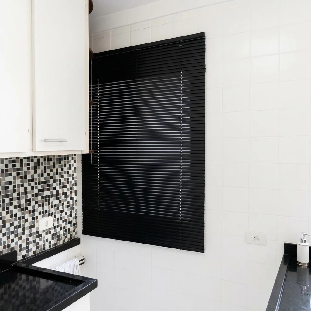 Persiana horizontal preta sob medida em cozinha planejada preto e branco em Piracicaba