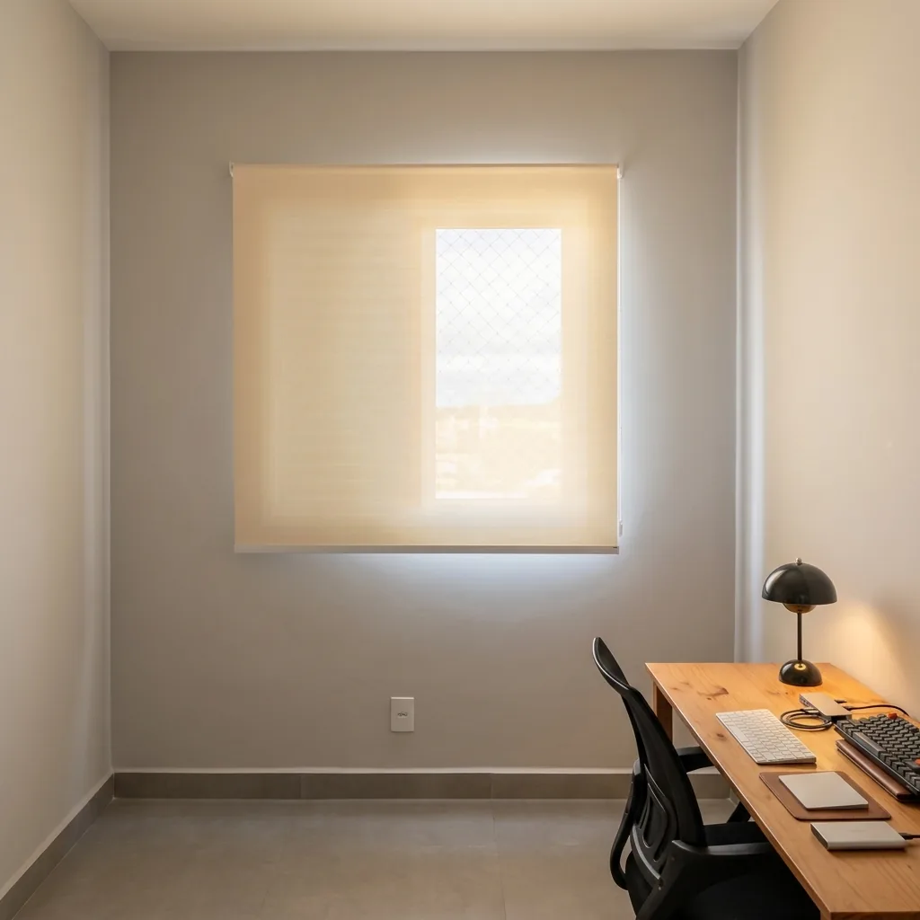 Persiana rolô tela solar sob medida em home office com luz natural em Piracicaba