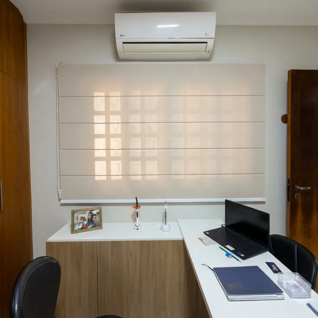 Persiana romana bege filtrando a luz em consultório em Piracicaba